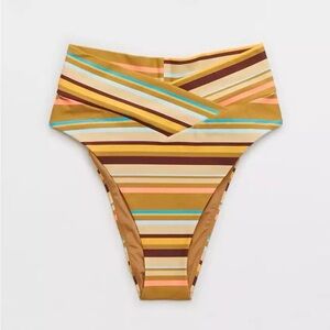 Aerie • NWT Brown Yellow Blue Striped High Cut Cheeky Bikini Bottom